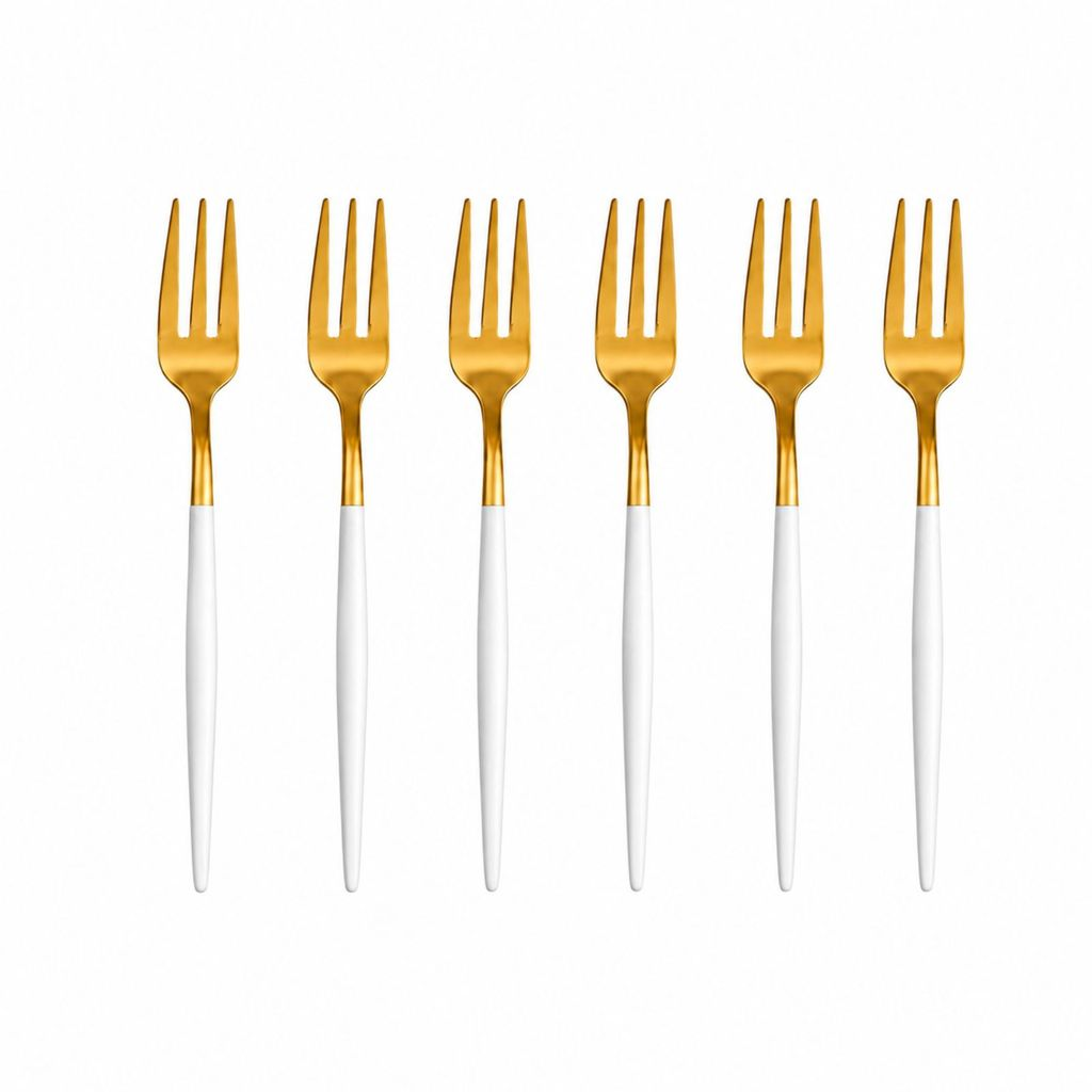 6 Colher, Garfo ou Faca em Aço Inox Dourado com Cabo Fino Branco