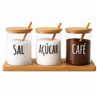Kit porta Tempero, Sal, Açucar e Café de Vidro com Tampa de Bambu e Colher