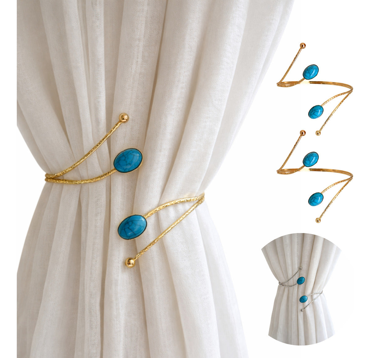 Kit 02 Prendedores de cortina de Metal Pedra Marmorizada Azul