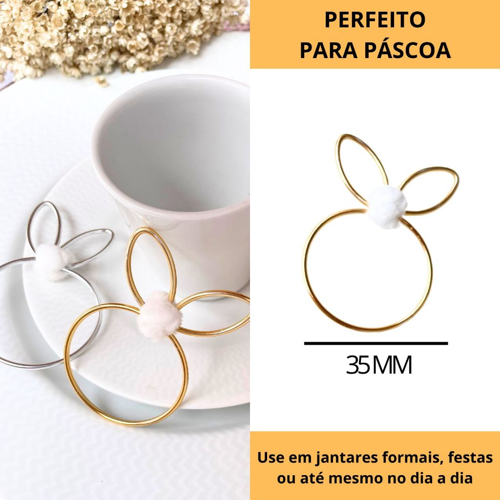 Kit 06 Anel Porta Guardanapo Argola  Mesa Posta Páscoa Coelho Metalizado