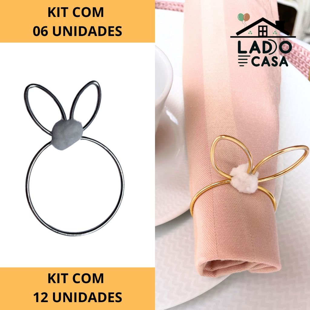 Kit 06 Anel Porta Guardanapo Argola  Mesa Posta Páscoa Coelho Metalizado