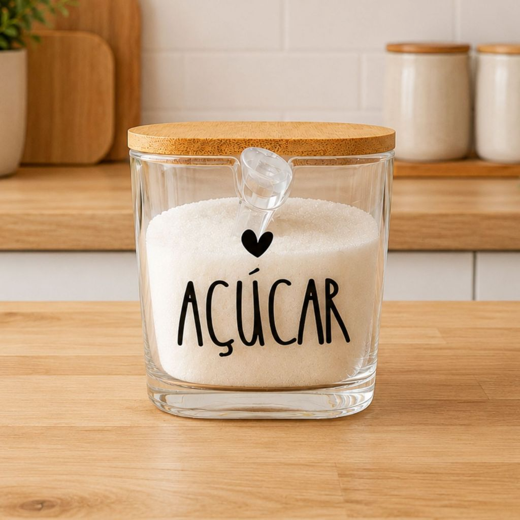 Açucareiro de Vidro com Tampa de Bambu e Colher Personalizado com Escrita e Coração