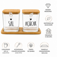 Kit Saleiro e Açucareiro de Vidro Com Base de Bambu e Colher Com Escrita e Coração