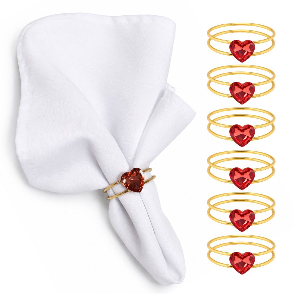 Kit 6 Anel Guardanapo Dia das Mães Coração Cristal Aro Metálico