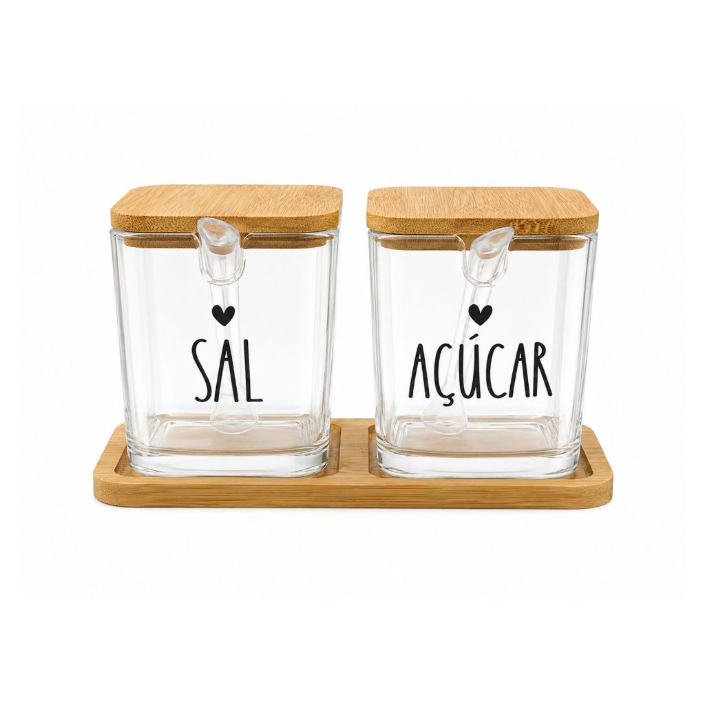 Kit Saleiro e Açucareiro de Vidro Com Base de Bambu e Colher Com Escrita e Coração