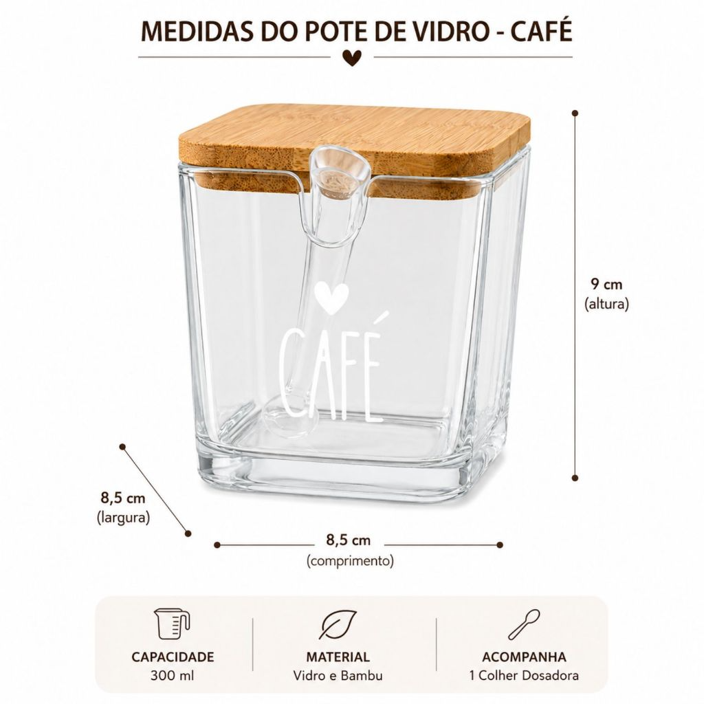 Pote Porta Café de Vidro 300ml Com Tampa de Bambu e Colher Dosadora