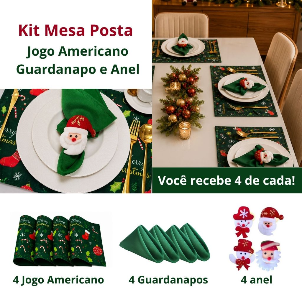Kit Mesa Posta Natalina 12 Peças - 4 Jogo Americano, 4 guardanapo e 4 Anel de Guardanapo