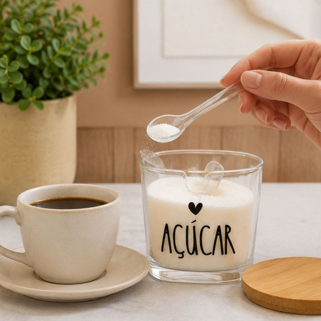 Açucareiro de Vidro com Tampa de Bambu e Colher Personalizado com Escrita e Coração