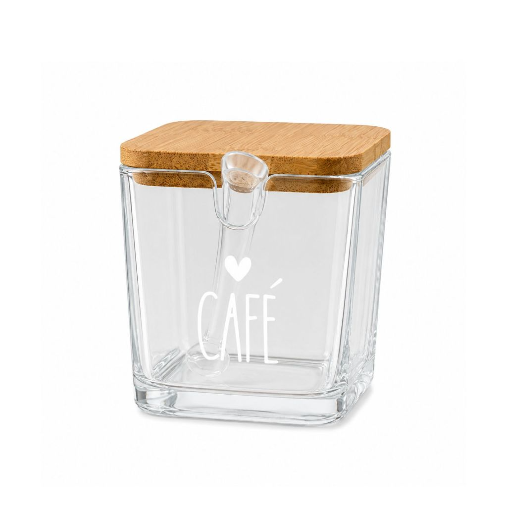 Pote Porta Café de Vidro 300ml Com Tampa de Bambu e Colher Dosadora