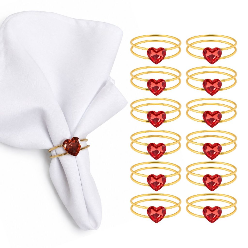 Kit 6 Anel Guardanapo Dia das Mães Coração Cristal Aro Metálico