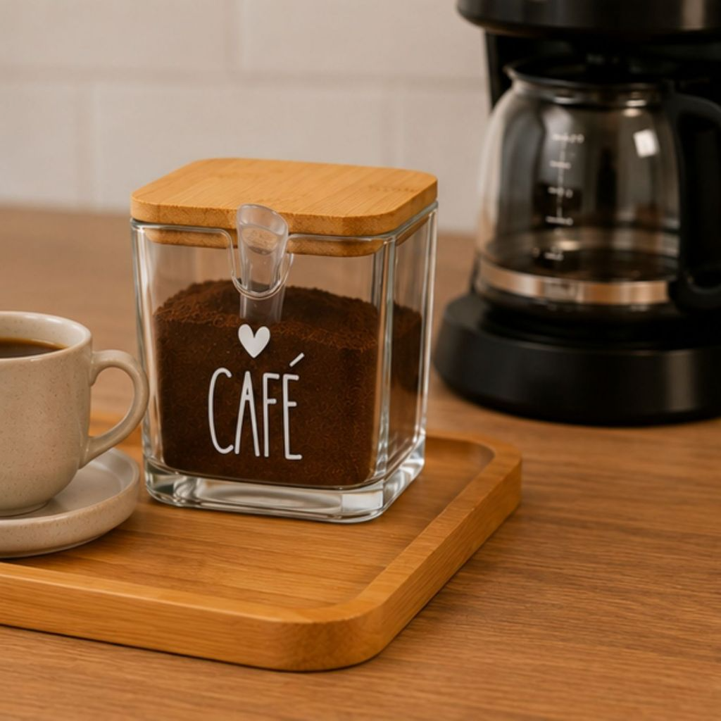 Pote Porta Café de Vidro 300ml Com Tampa de Bambu e Colher Dosadora