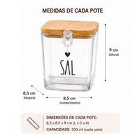 Kit Saleiro e Açucareiro de Vidro Com Base de Bambu e Colher Com Escrita e Coração