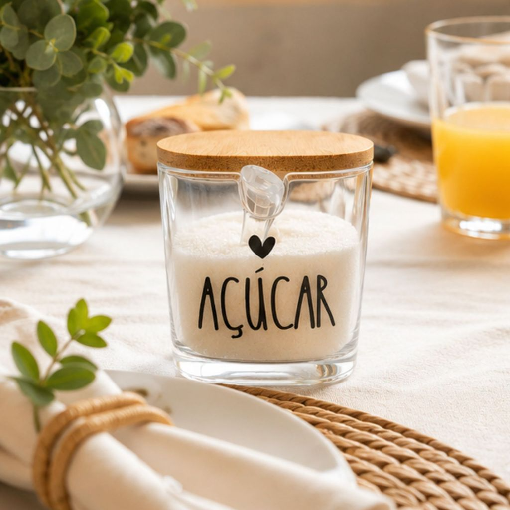 Açucareiro de Vidro com Tampa de Bambu e Colher Personalizado com Escrita e Coração
