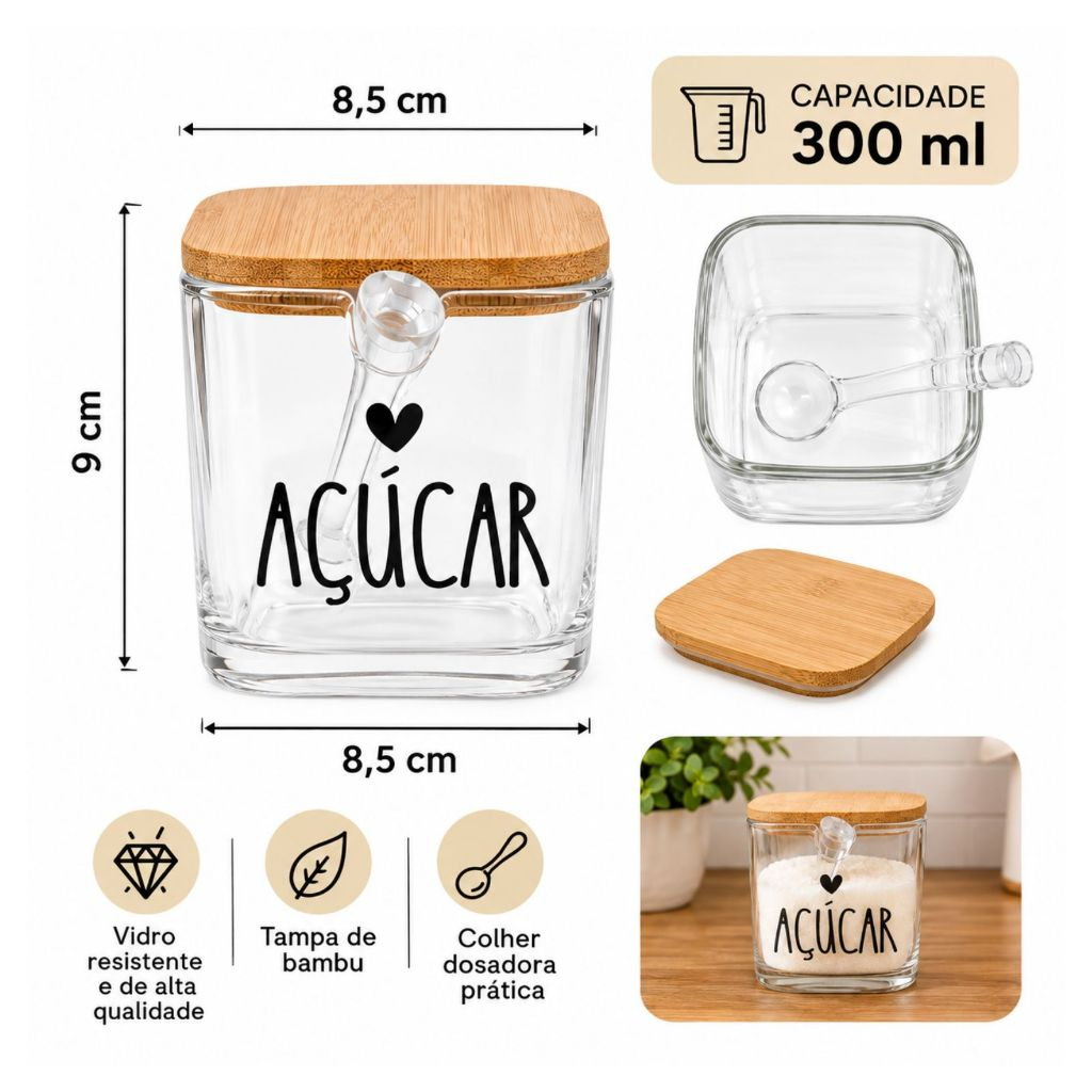 Açucareiro de Vidro com Tampa de Bambu e Colher Personalizado com Escrita e Coração
