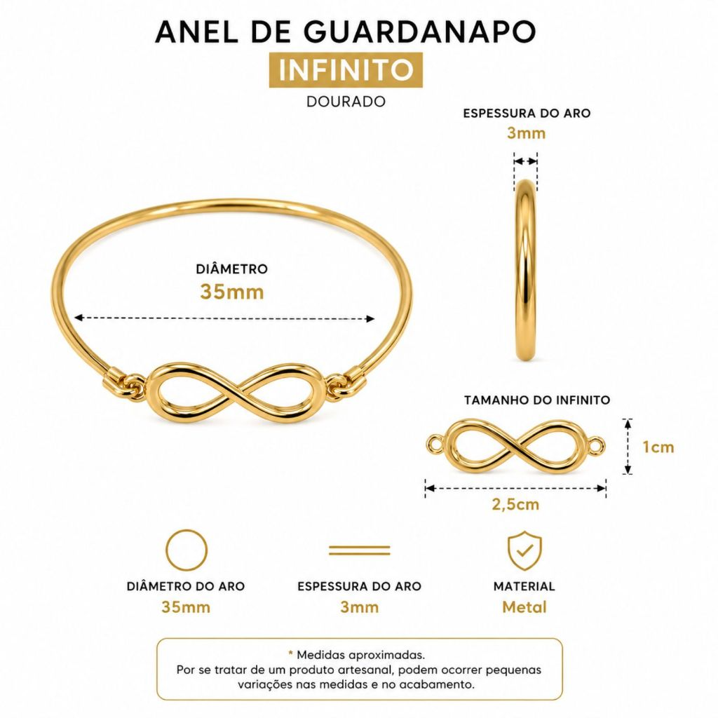 Kit 6 Anel Porta Guardanapo Infinito Dia dos Namorados Metal Dourado