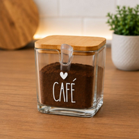 Pote Porta Café de Vidro 300ml Com Tampa de Bambu e Colher Dosadora