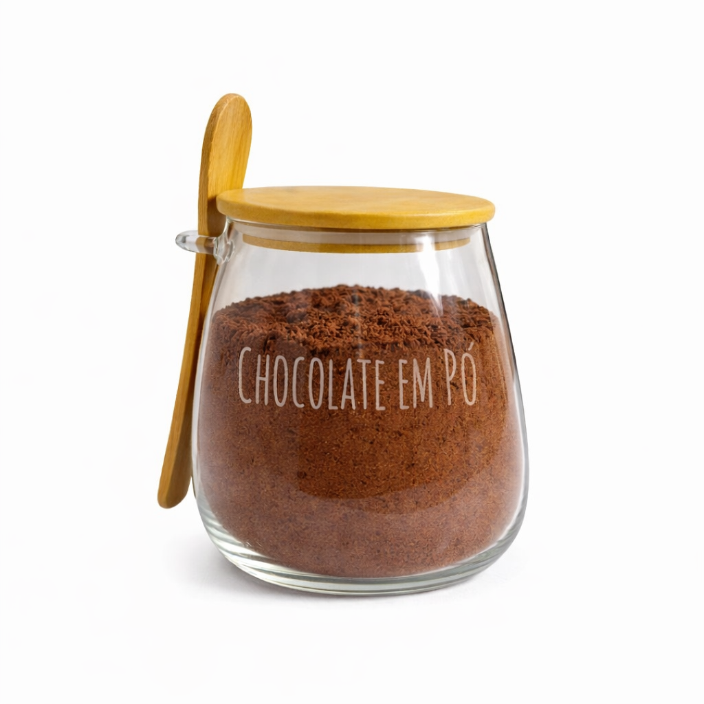 Pote Hermético de Vidro com Tampa de Bambu e Colher Com Escrita Grande 1Litro