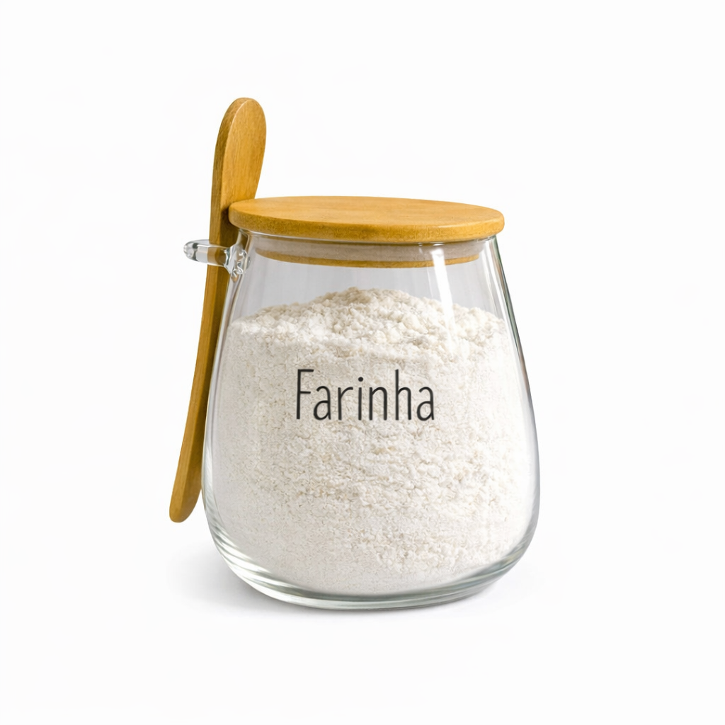 Pote Hermético de Vidro com Tampa de Bambu e Colher Com Escrita Grande 1Litro