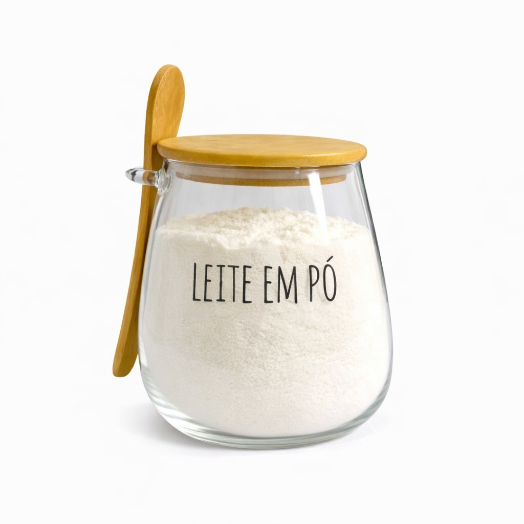 Pote Hermético de Vidro com Tampa de Bambu e Colher Com Escrita Grande 1Litro