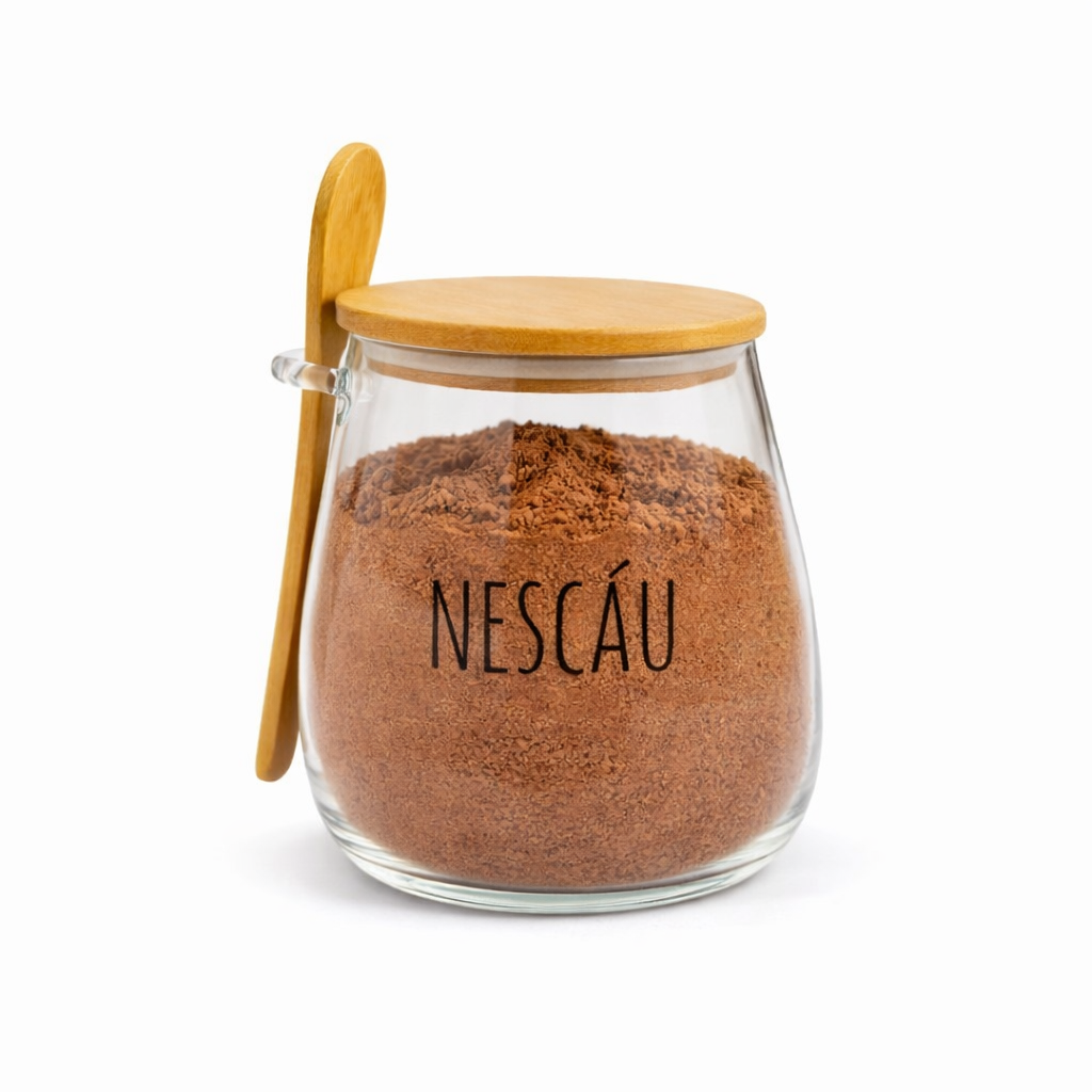 Pote Hermético de Vidro com Tampa de Bambu e Colher Com Escrita Grande 1Litro