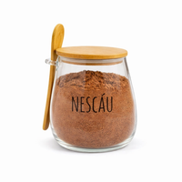 Pote Hermético de Vidro com Tampa de Bambu e Colher Com Escrita Grande 1Litro