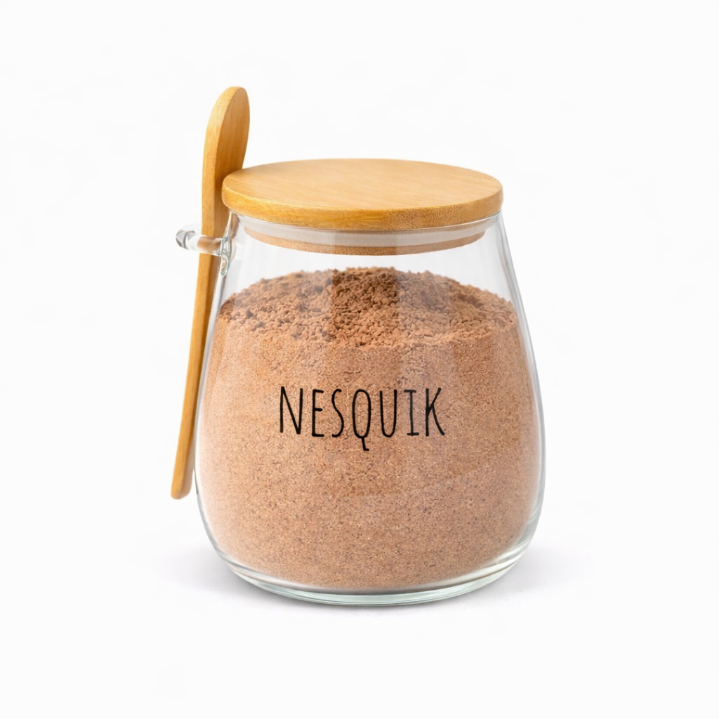 Pote Hermético de Vidro com Tampa de Bambu e Colher Com Escrita Grande 1Litro