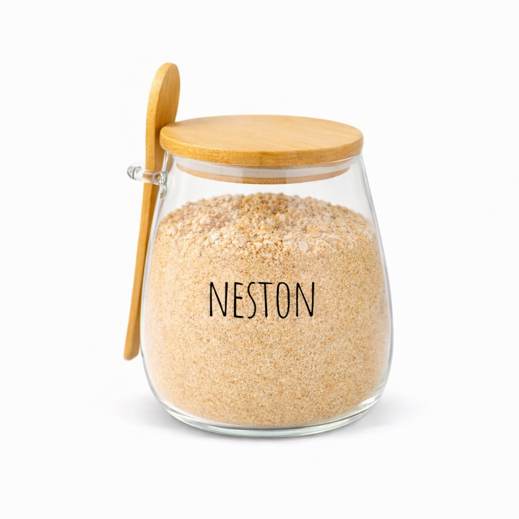 Pote Hermético de Vidro com Tampa de Bambu e Colher Com Escrita Grande 1Litro