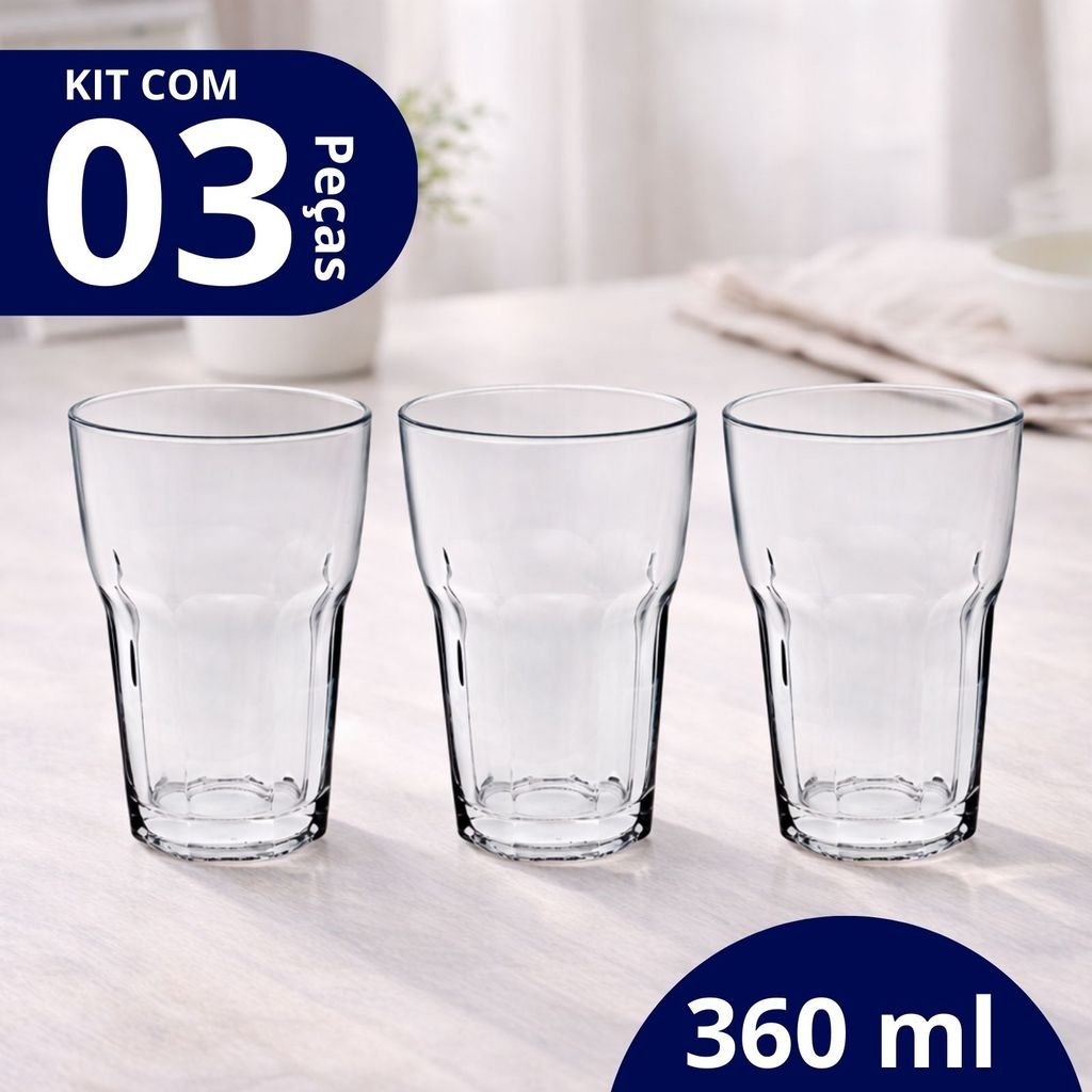 Jogo 3 copos de Vidro Grande 360ml