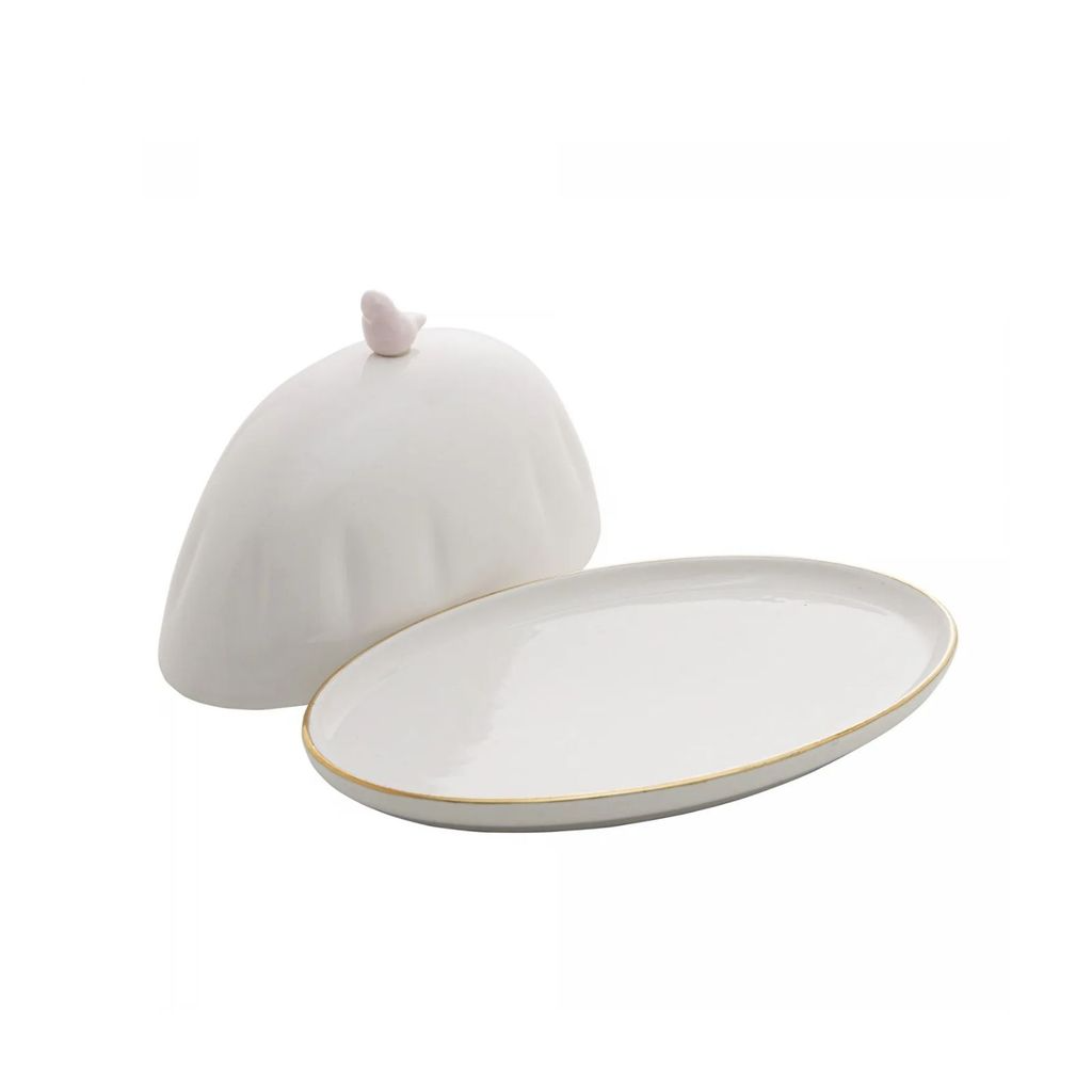 Manteigueira de Porcelana Branca Passaro Rosa e Fio de Ouro