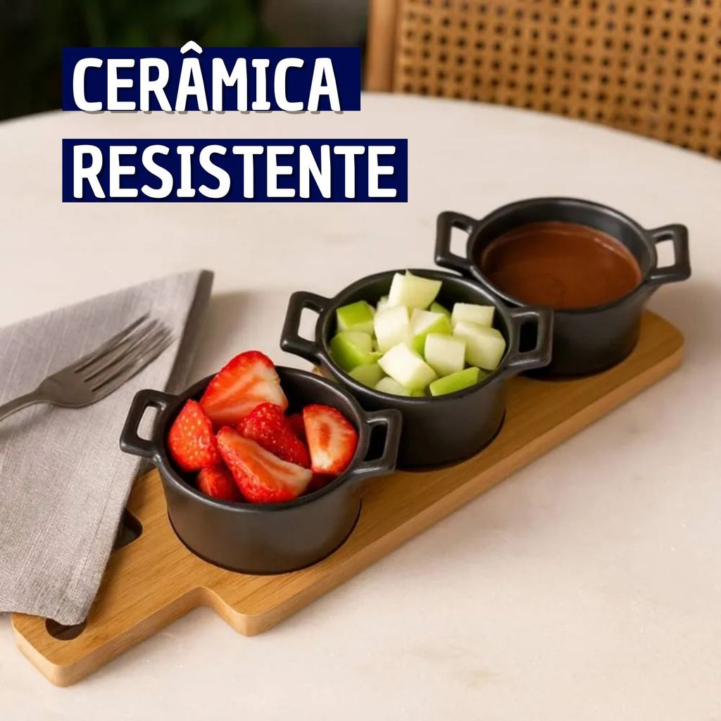 Jogo de 4 Peças Petisqueira Com Bandeja de Bambu e Panelinhas de Cerâmica