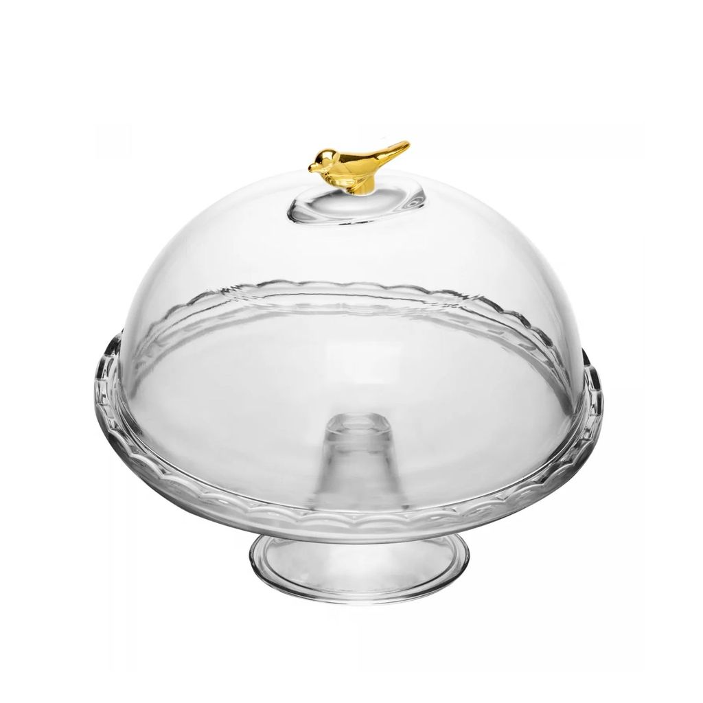 Prato com Pé Boleira de Vidro com Tampa e detalhe de Pássaro Dourado