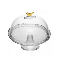 Prato com Pé Boleira de Vidro com Tampa e detalhe de Pássaro Dourado