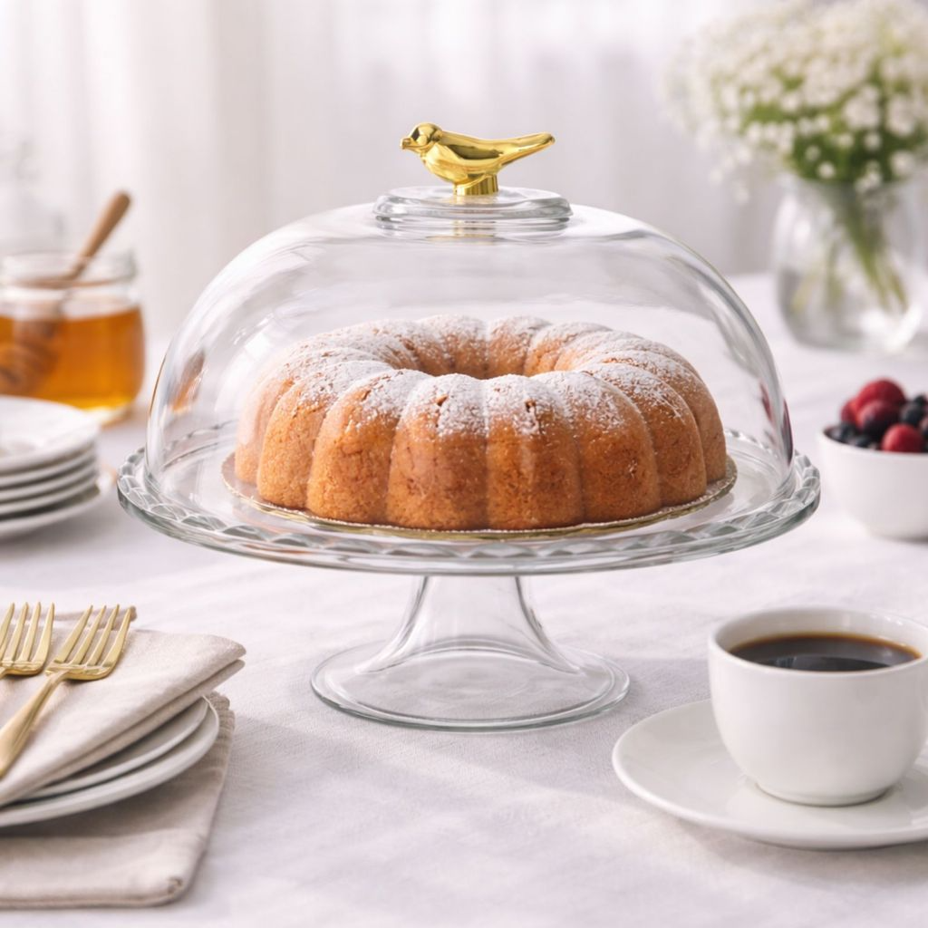 Prato com Pé Boleira de Vidro com Tampa e detalhe de Pássaro Dourado