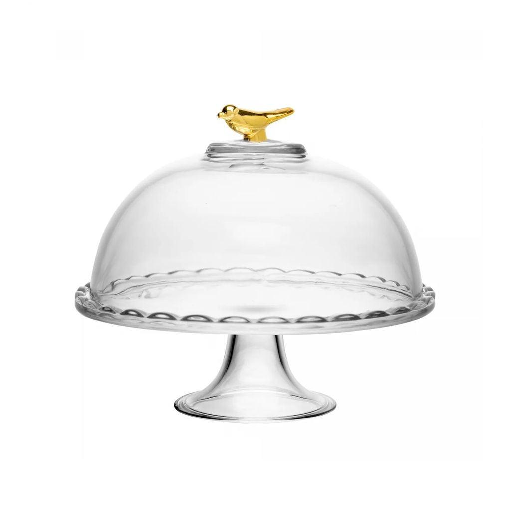 Prato com Pé Boleira de Vidro com Tampa e detalhe de Pássaro Dourado