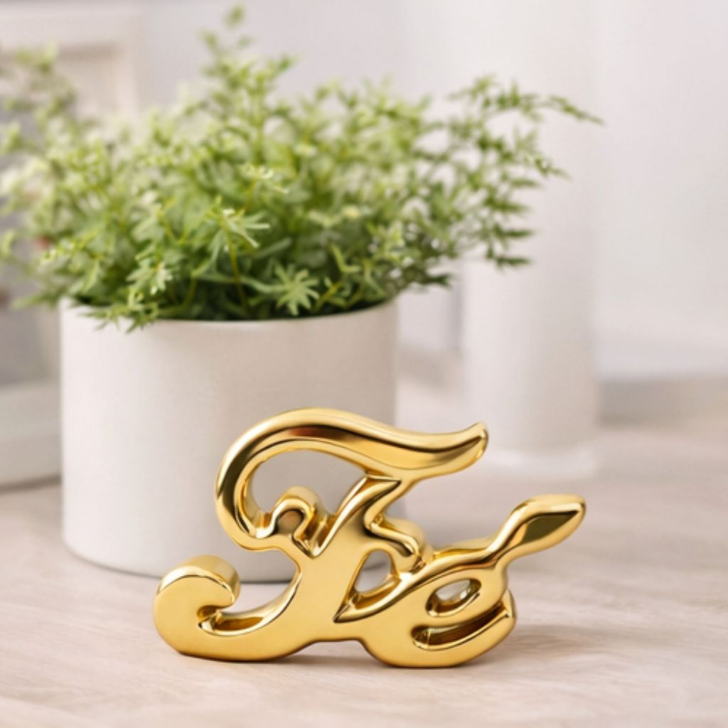 Kit Enfeite Decorativo Palavra Fé em Cerâmica Dourada