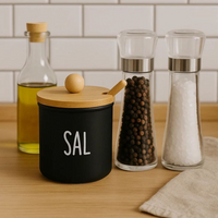 Saleiro de Vidro Preto Com Palavra Sal com Colher e Tampa de Bambu
