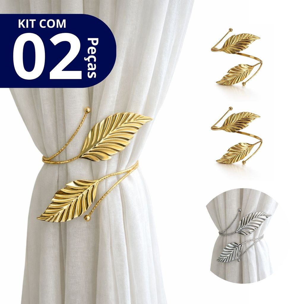 Kit 02 Prendedores de cortina decorativo Folha em Aço