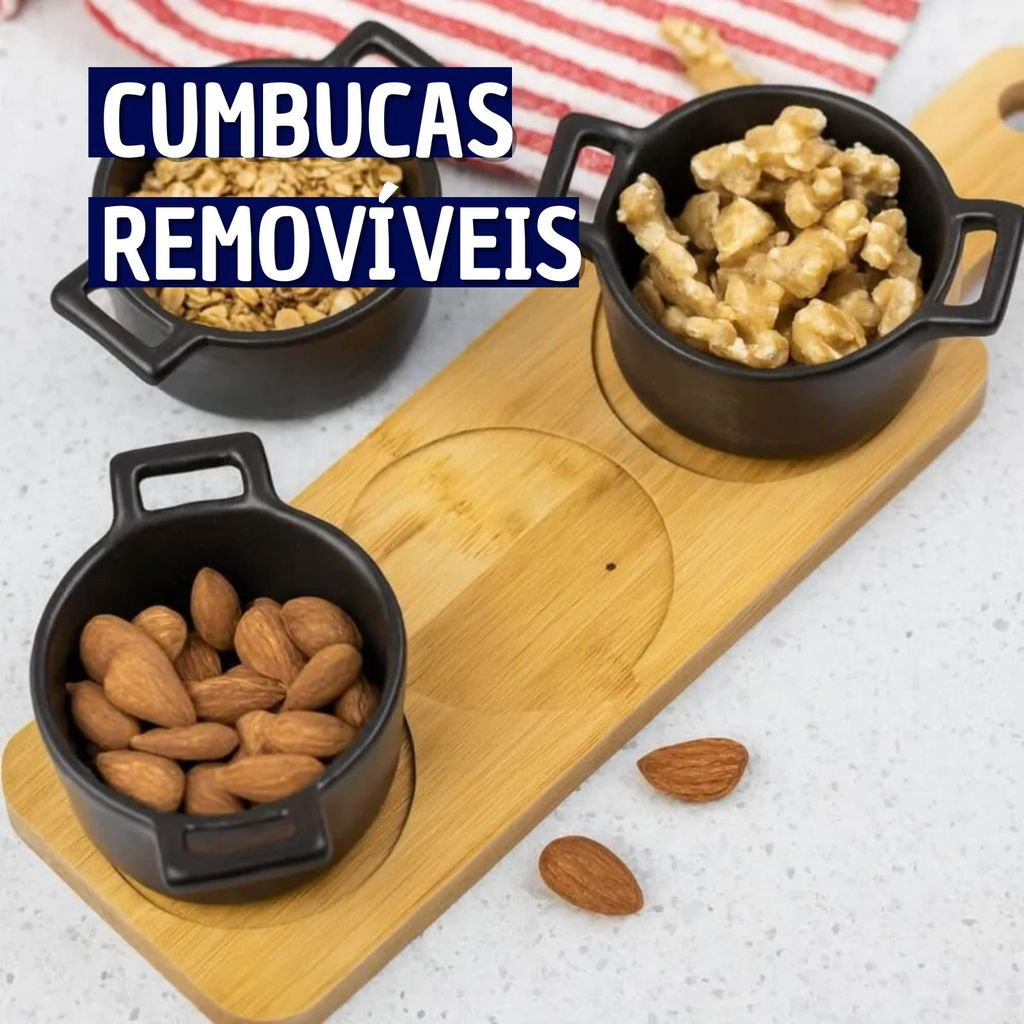 Jogo de 4 Peças Petisqueira Com Bandeja de Bambu e Panelinhas de Cerâmica