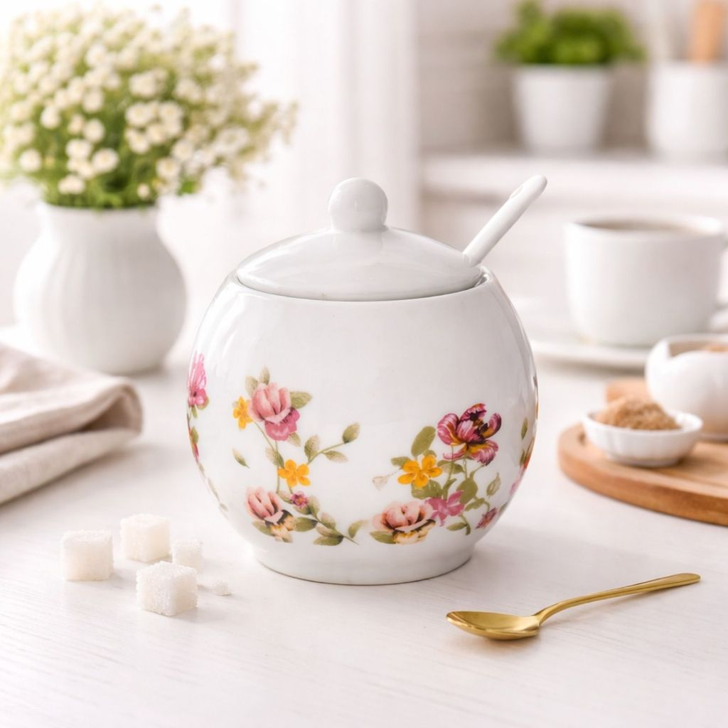 Açucareiro em Cerâmica Branca Com Pintura Floral 350ml