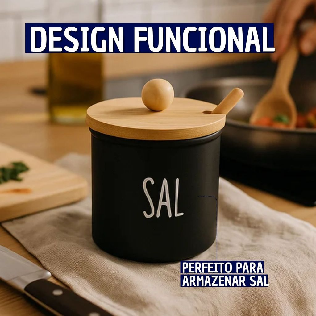Saleiro de Vidro Preto Com Palavra Sal com Colher e Tampa de Bambu