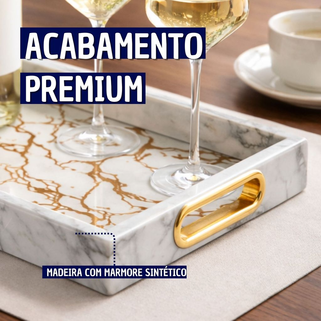 Bandeja Decorativa Mármore Branco Dourado Para Sala Quarto Mesa Posta