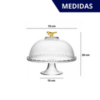 Prato com Pé Boleira de Vidro com Tampa e detalhe de Pássaro Dourado