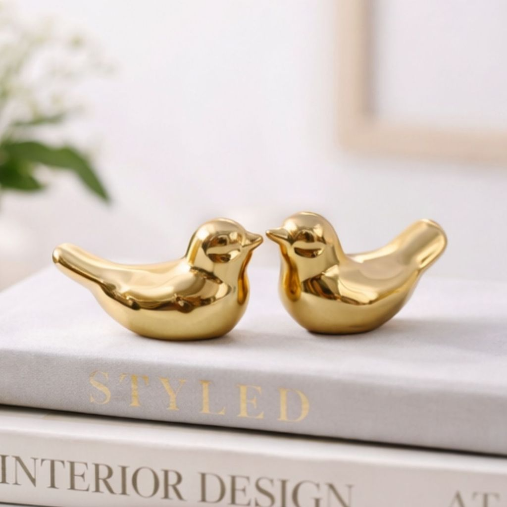 Kit Enfeite Decorativo Par de Pássaros em cerâmica Dourado