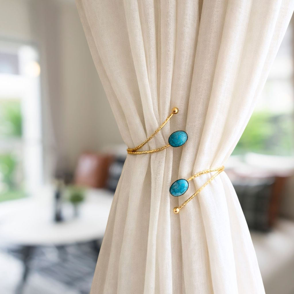 Kit 02 Prendedores de cortina de Metal Pedra Marmorizada Azul