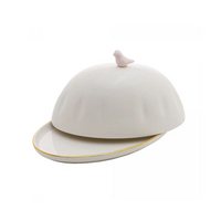 Manteigueira de Porcelana Branca Passaro Rosa e Fio de Ouro