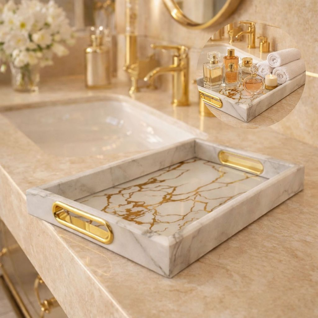 Bandeja Decorativa Mármore Branco Dourado Para Sala Quarto Mesa Posta
