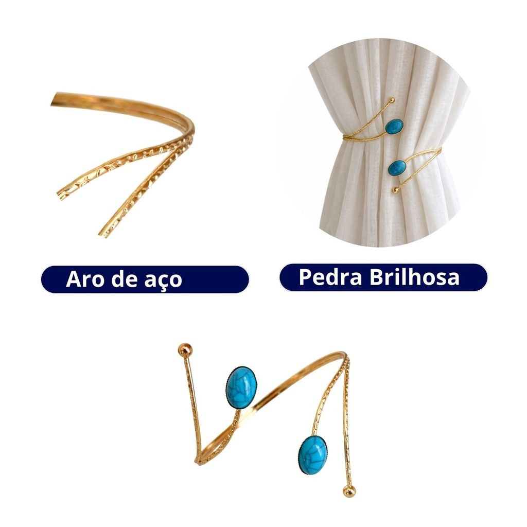 Kit 02 Prendedores de cortina de Metal Pedra Marmorizada Azul