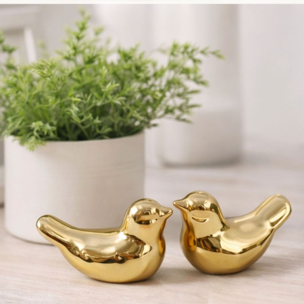 Kit Enfeite Decorativo Par de Pássaros em cerâmica Dourado