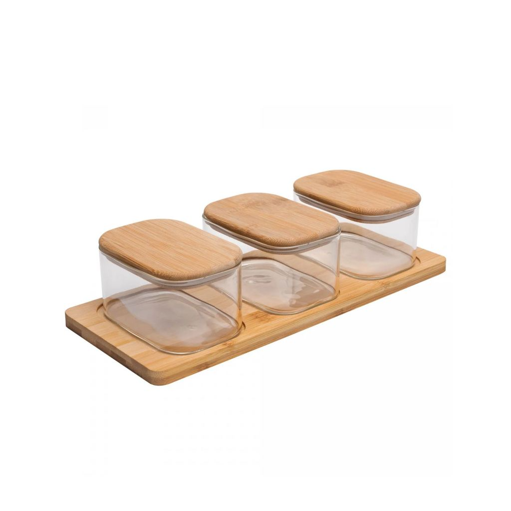 Jogo de 4 Peças Potes Hermetico de Vidro com Vedação e Basse de Bambu