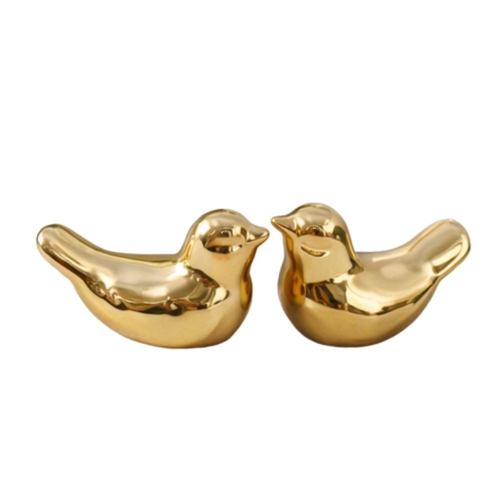 Kit Enfeite Decorativo Par de Pássaros em cerâmica Dourado